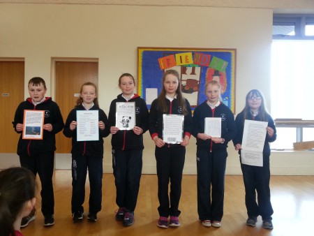 L-R Cole, Caoimhe, Ella, Alana, Emma and Tilly present interesting facts to the rest of the school at February Assembly. Check out the word processing
